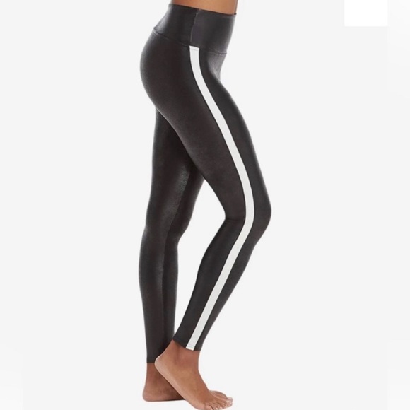 Spanx Women’s Faux-Leather Stripe Leggings Black White Stretch SMALL NWT - Picture 1 of 10